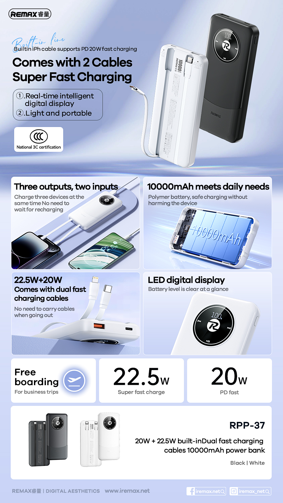 REMAX RPP-37 10000mAh RPP-38 20000mAh Power Bank PD+QC Built In Cable ...