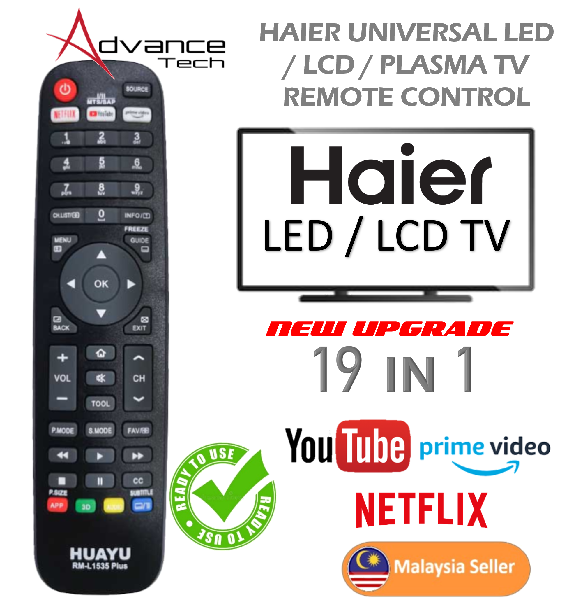 Haier TV Remote Control Replacement Compatible for HAIER LED SMART TV ...