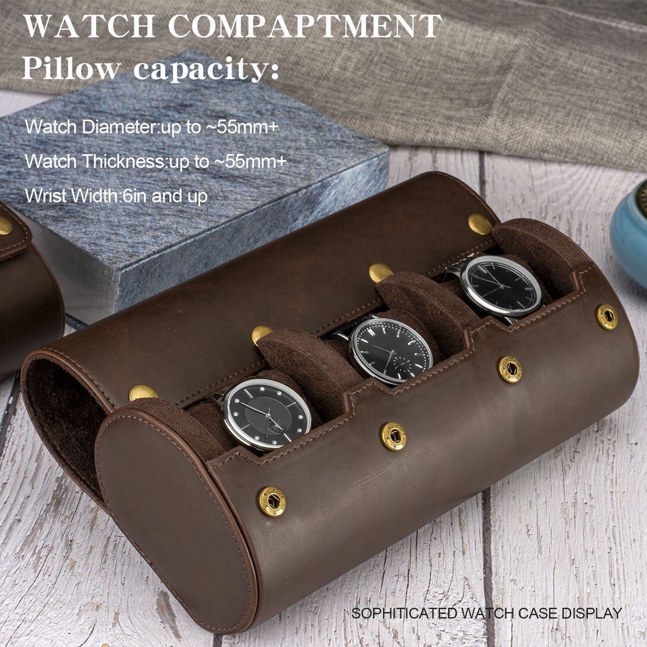 Roll & Rotate Genuine Cowhide Watch Roll Leather Watch Case Holder ...