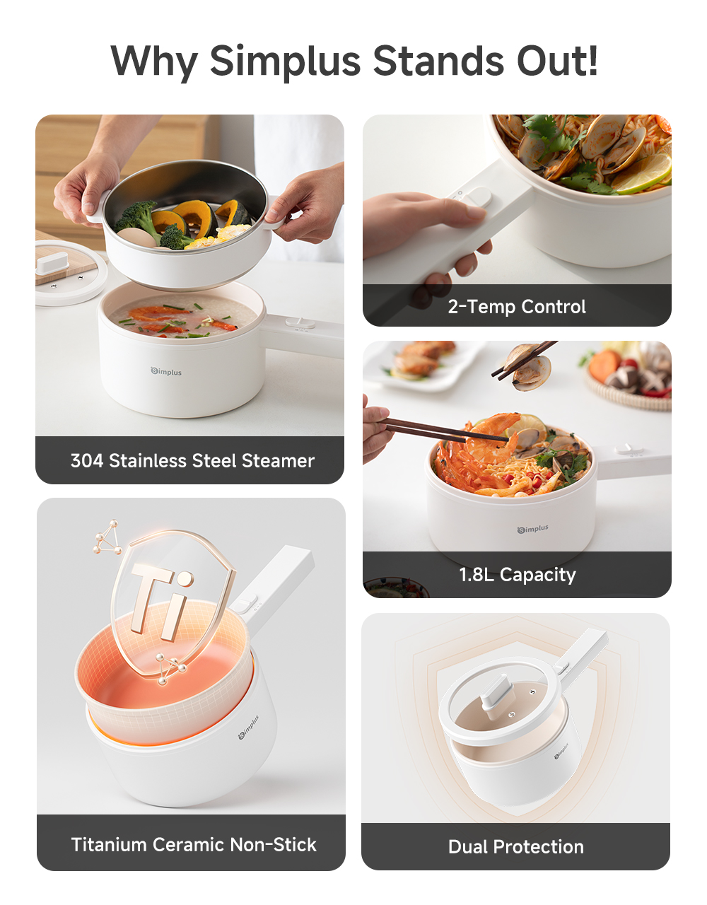 Simplus 1.8L Multi-Functional Electric Cooker丨Long Handle丨600W Power丨 ...