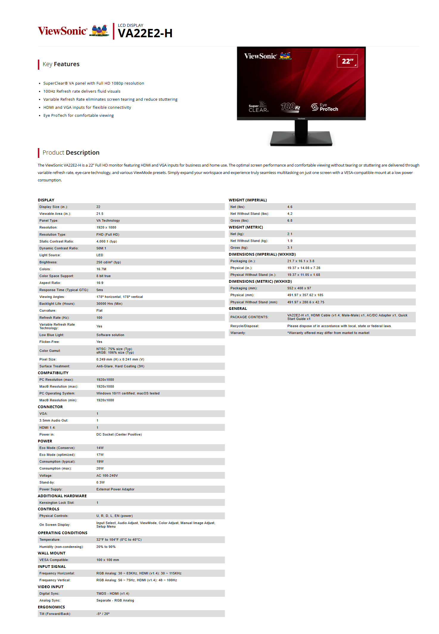 Viewsonic 22" VA22E2-H 5ms / VA220-H 1ms 100Hz / VA2215-H FHD 1080P ...