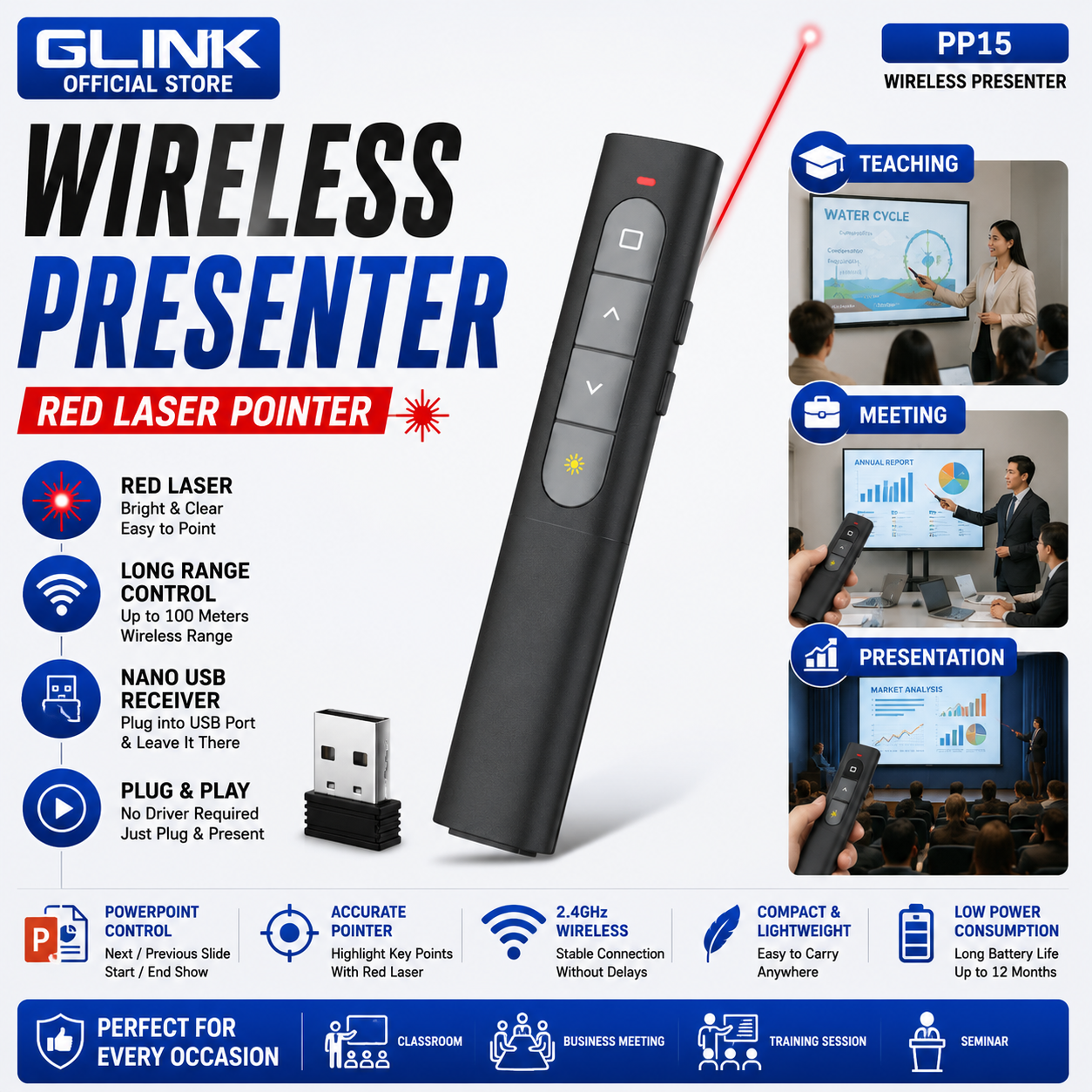 GLINK PP15 Wireless Presenter Red Laser Pointer Presentation Remote for ...