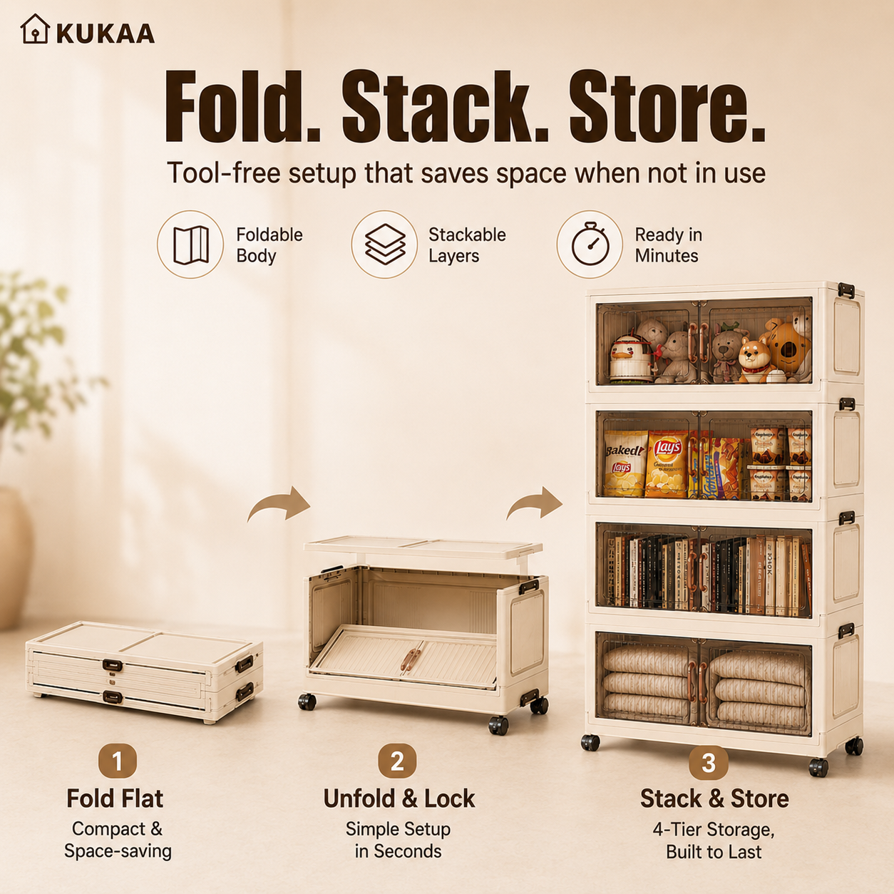 Kukaa L60-80cm Foldable Storage Cabinet Stackable Box Almari Baju ...