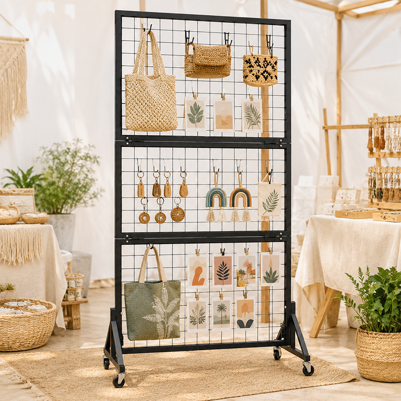 Foldable Mobile Grid Display Rack with Wheels,Metal Mesh Stand for ...