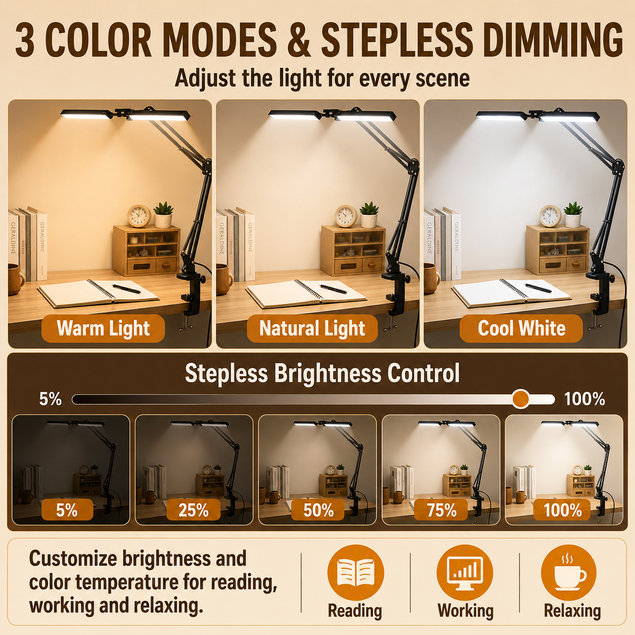 Double Head Table Lamp Dimmable Lampu Meja Study 3 Color Reading Desk ...