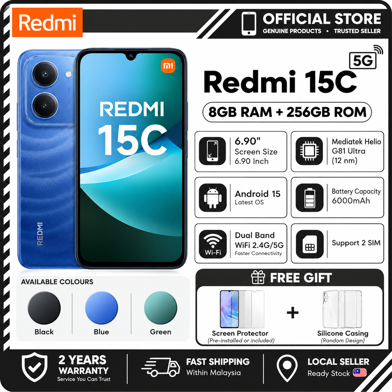 NEW Xiaomi REDMI 15C 5G Smartphone | 8GB RAM + 256GB ROM | 6000mAh ...