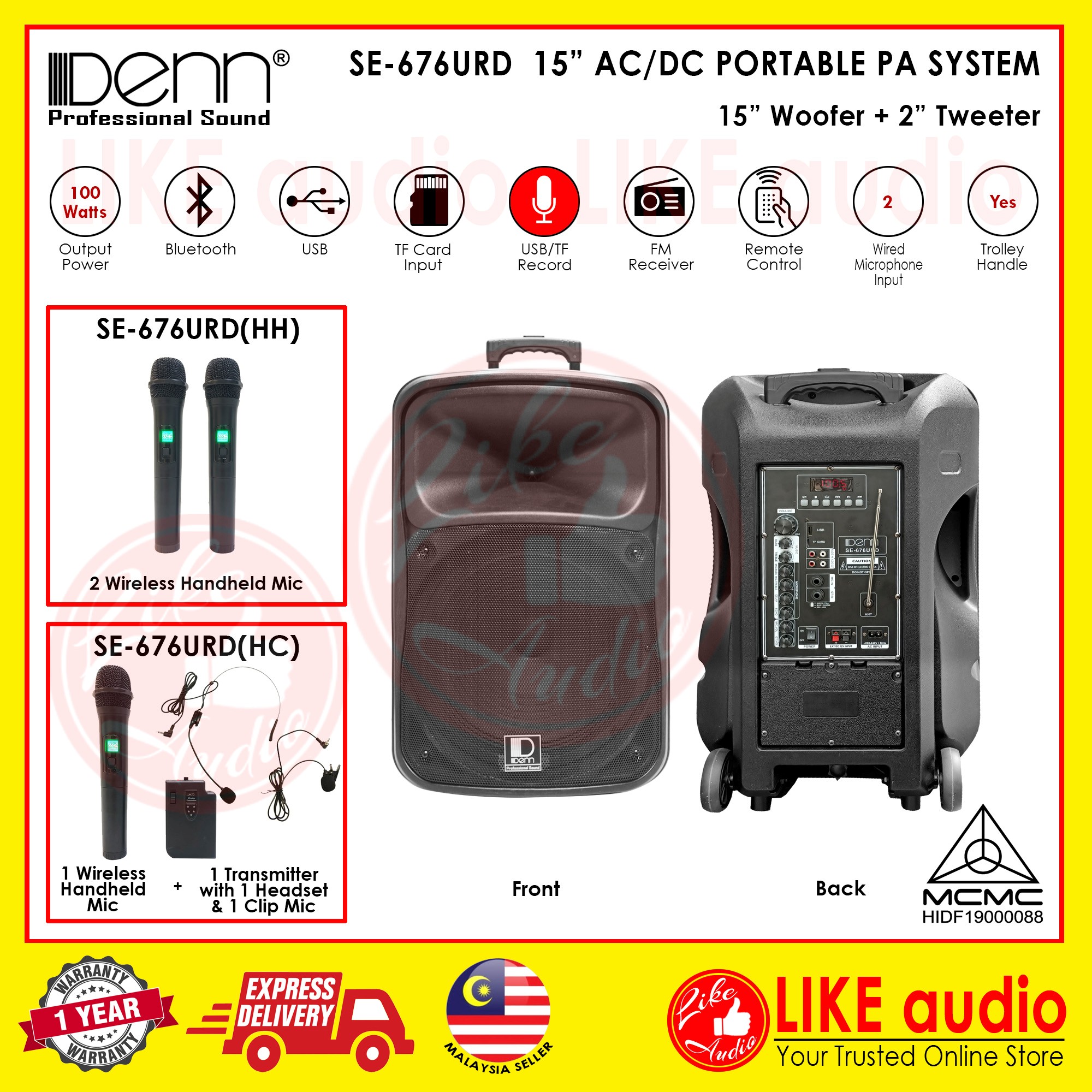 DENN SE-676URD [MCMC Certified] 15” AC/DC Portable PA System (2