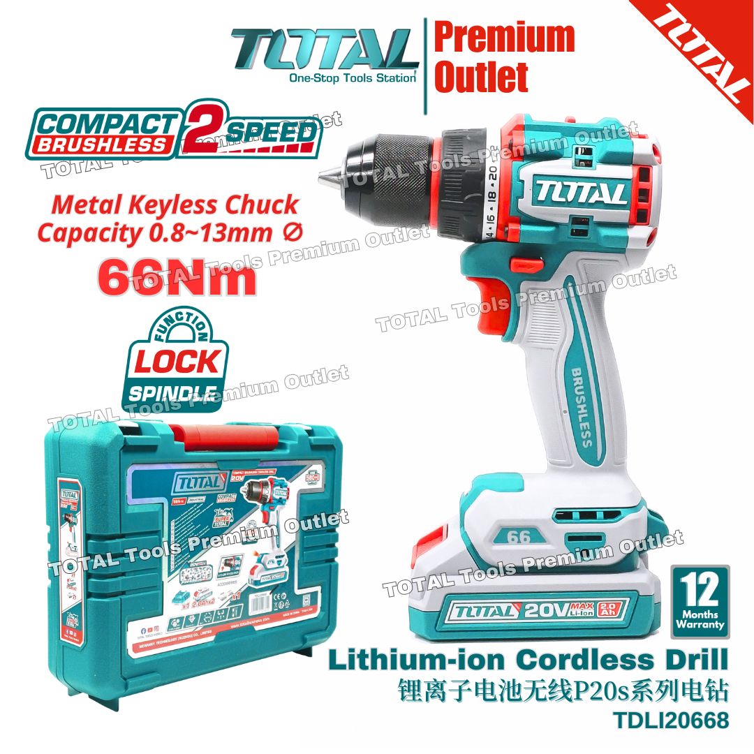 TOTAL Tools 20V series 66Nm Compact Brushless Cordless Drill (Full set ...