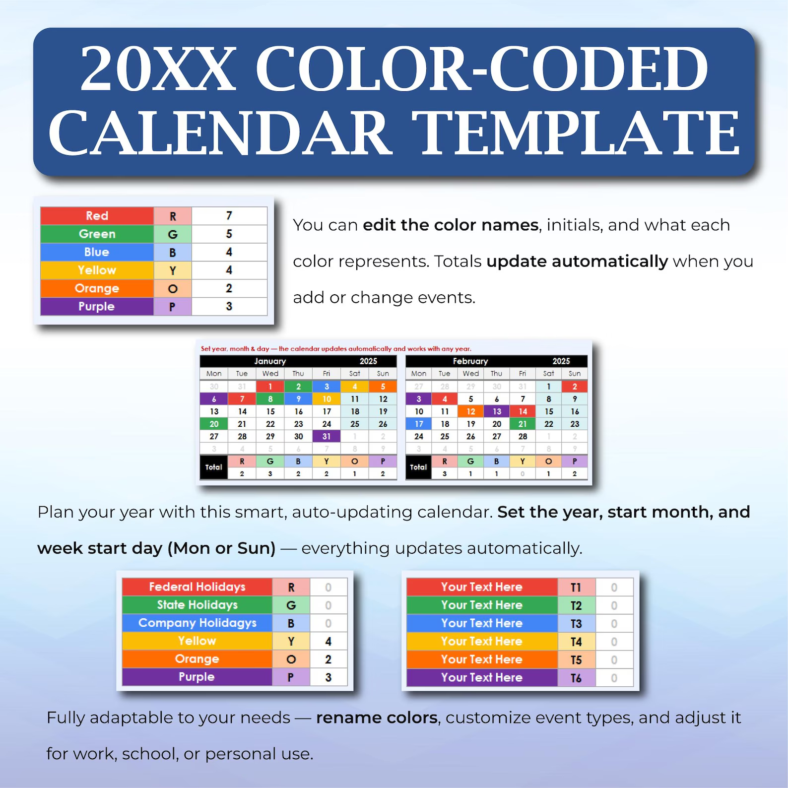 Any Year Excel Business Calendar Template Dynamic Excel Color Coded ...