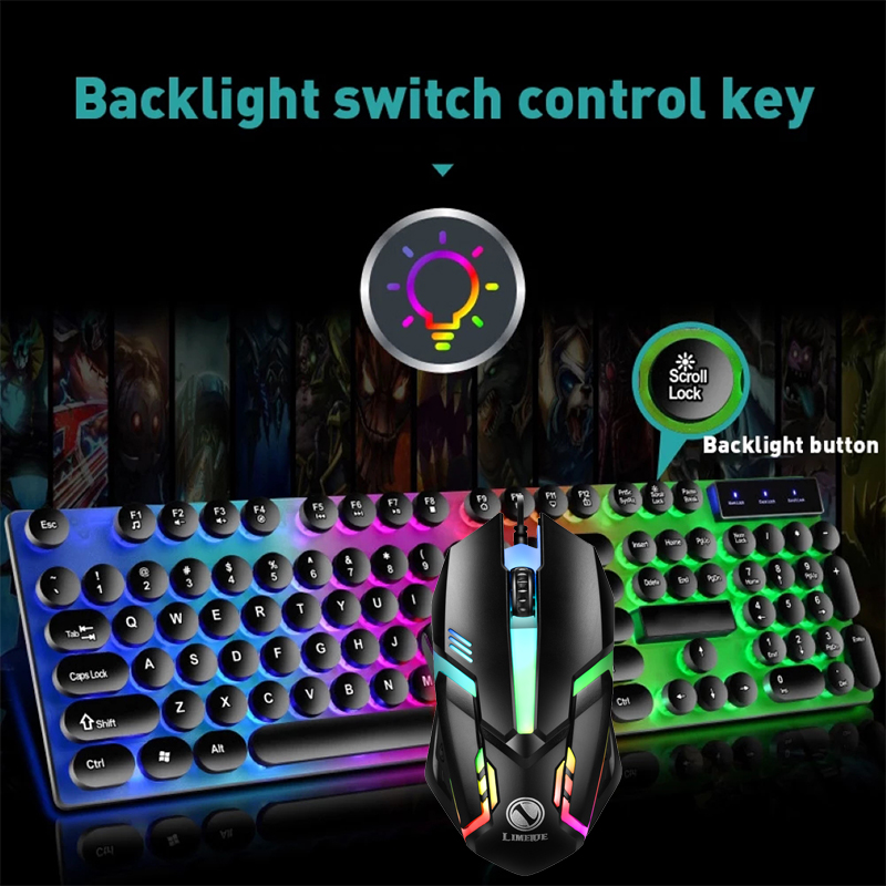 Mechanical Wireless Keyboard and Mouse Set Rainbow RGB Colour LED Light ...