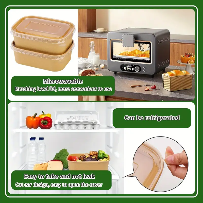 500/650/750/1000ml Kraft Paper Rectangular Lunch Box with Paper Lid PET ...