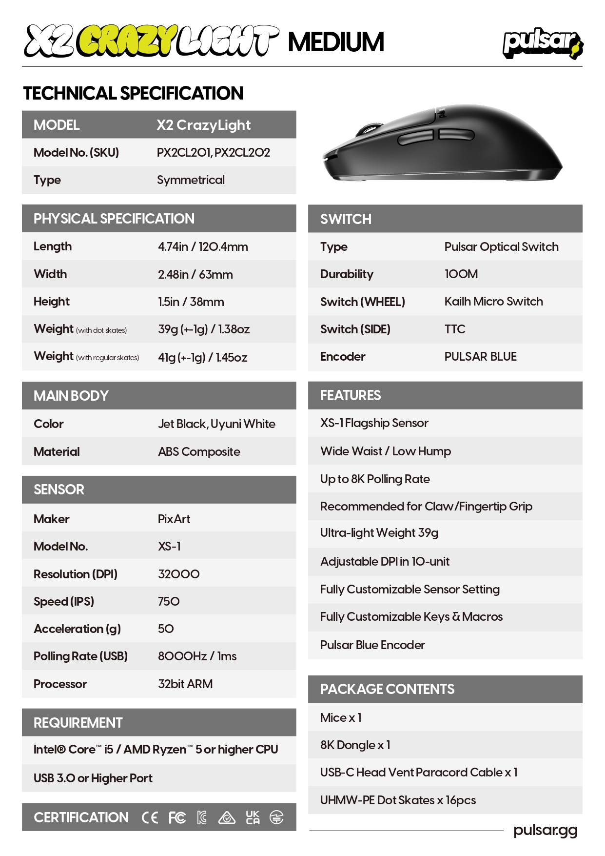 PULSAR X2 CRAZYLIGHT MEDIUM WIRELESS GAMING MOUSE - JET BLACK / UYUNI ...