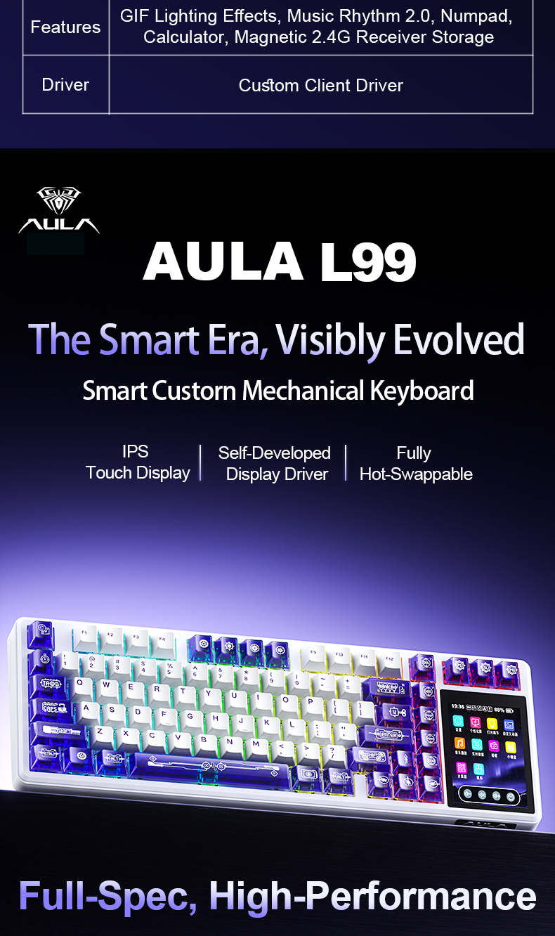 AULA L99 Mechanical Keyboard 3.98-inch Touch Screen Tri-mode Wireless ...