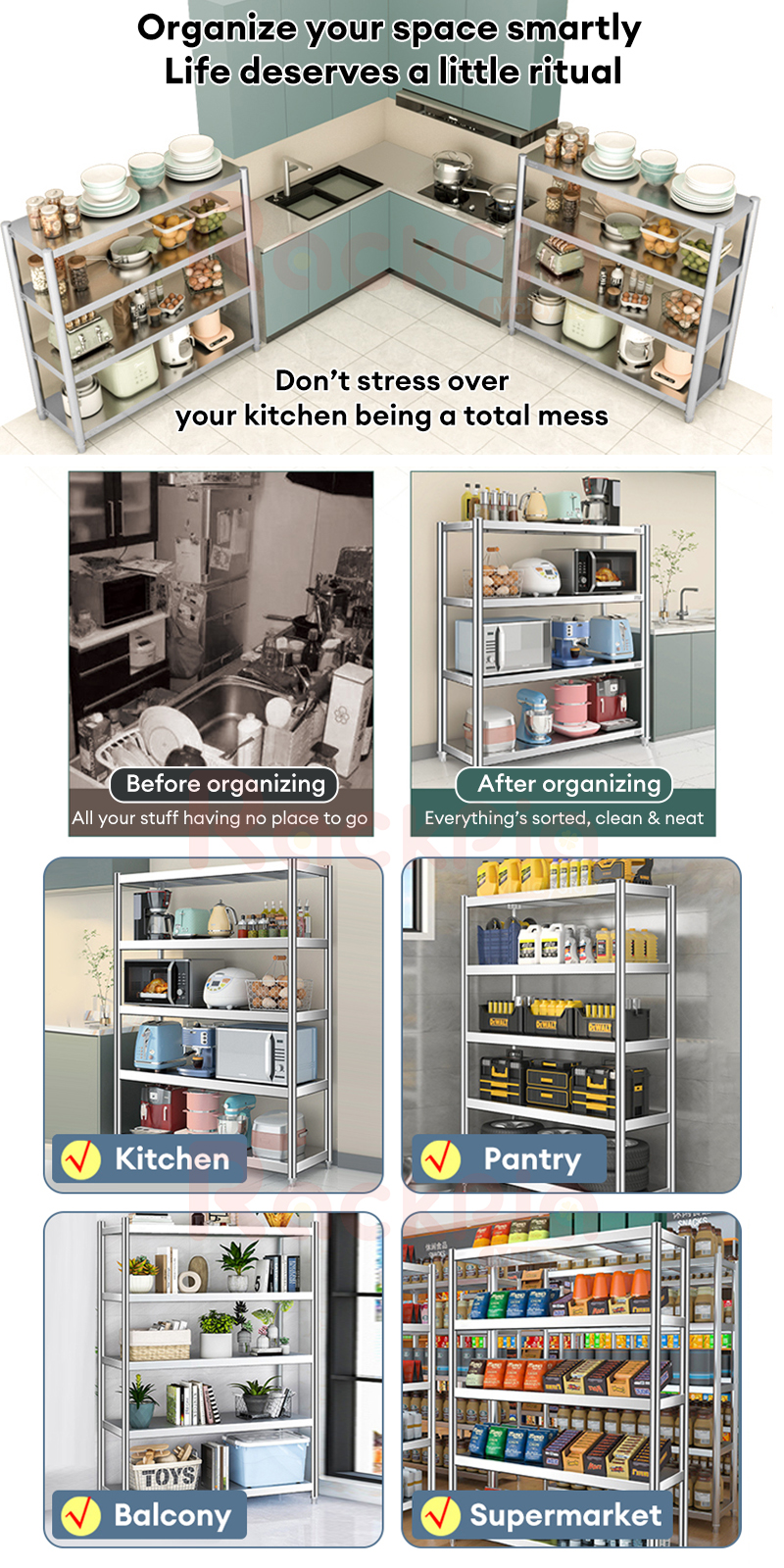 304 Stainless Steel Storage Rack Kitchen Multi-layer Shelving Rak Dapur ...