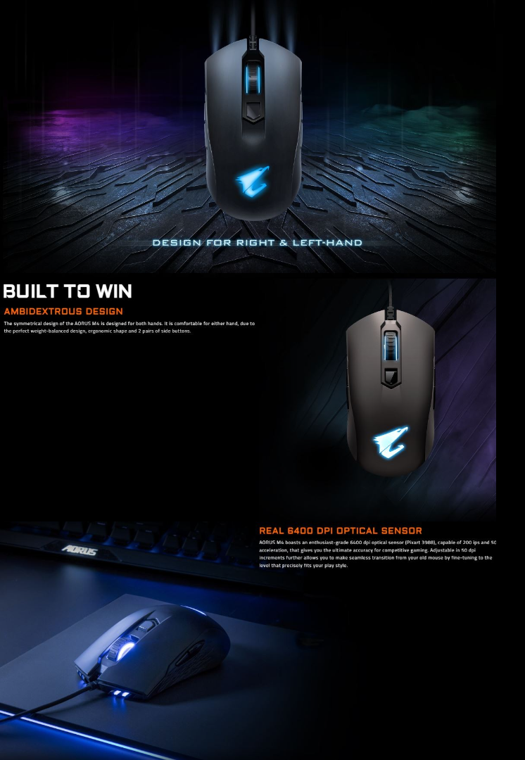 GIGABYTE AORUS M4 RGB GAMING MOUSE /Real 6400 DPI /Fully programmable ...