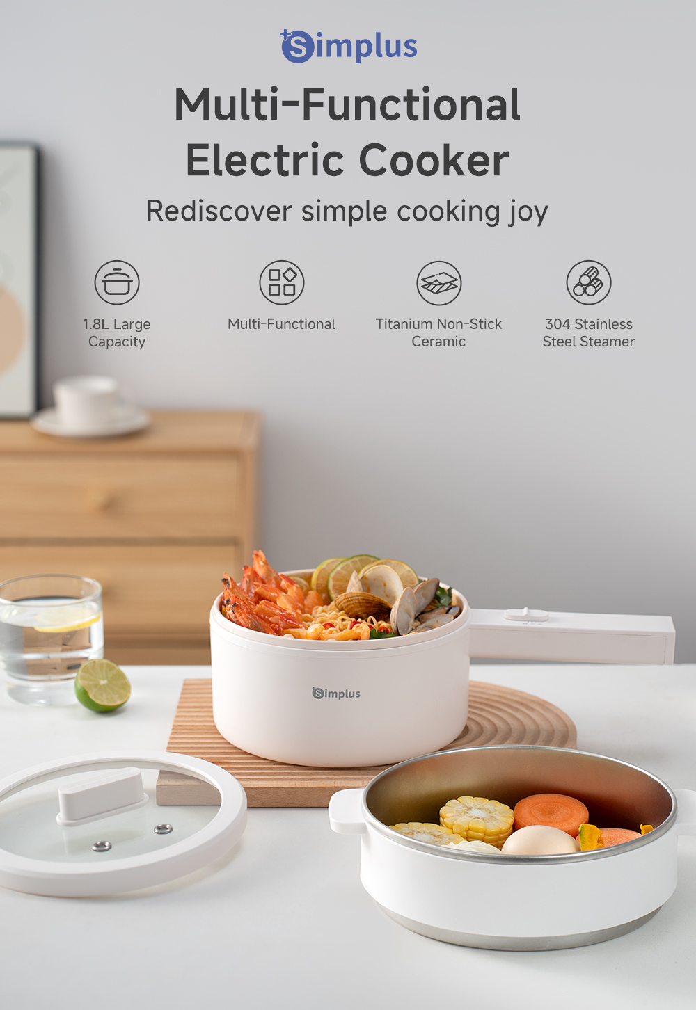Simplus 1.8L Multi-Functional Electric Cooker丨Long Handle丨600W Power丨 ...