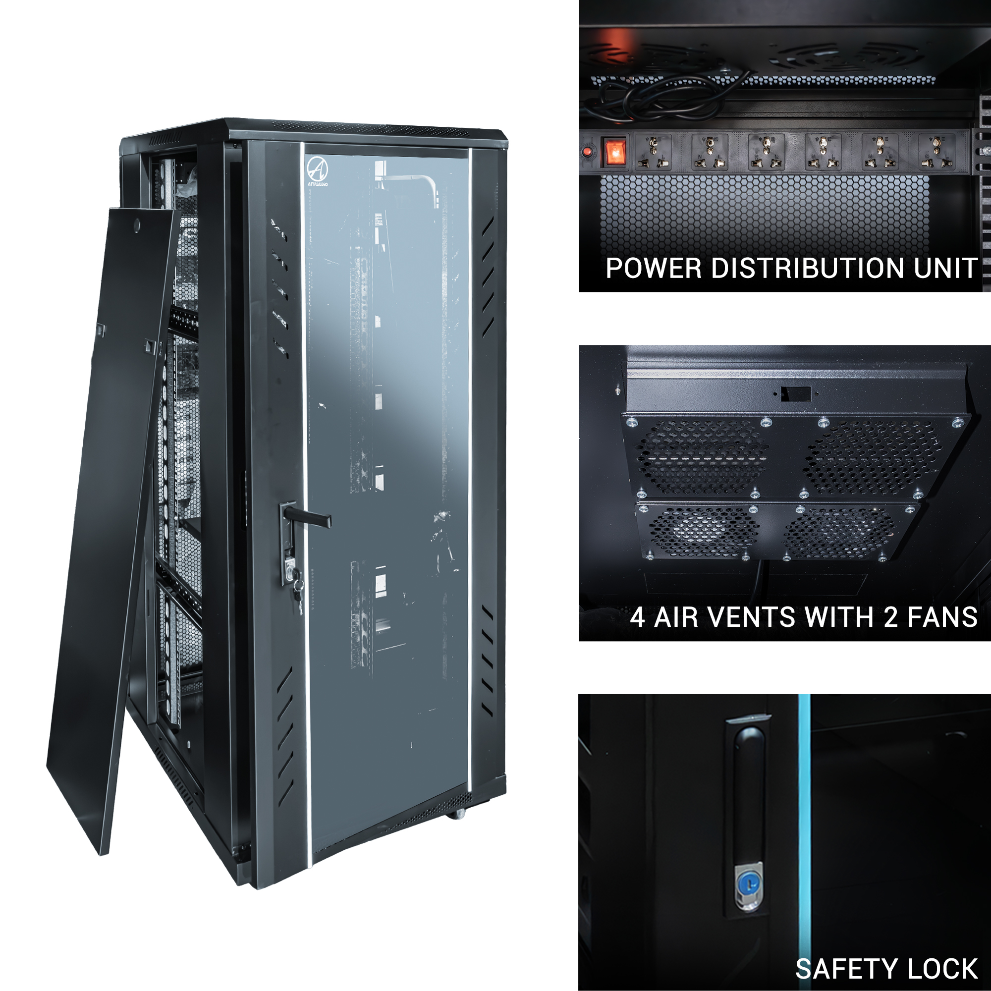 AmpAudio 28U Server Rack 60 cm Deep Cabinet Glass Door with PDU & Free ...