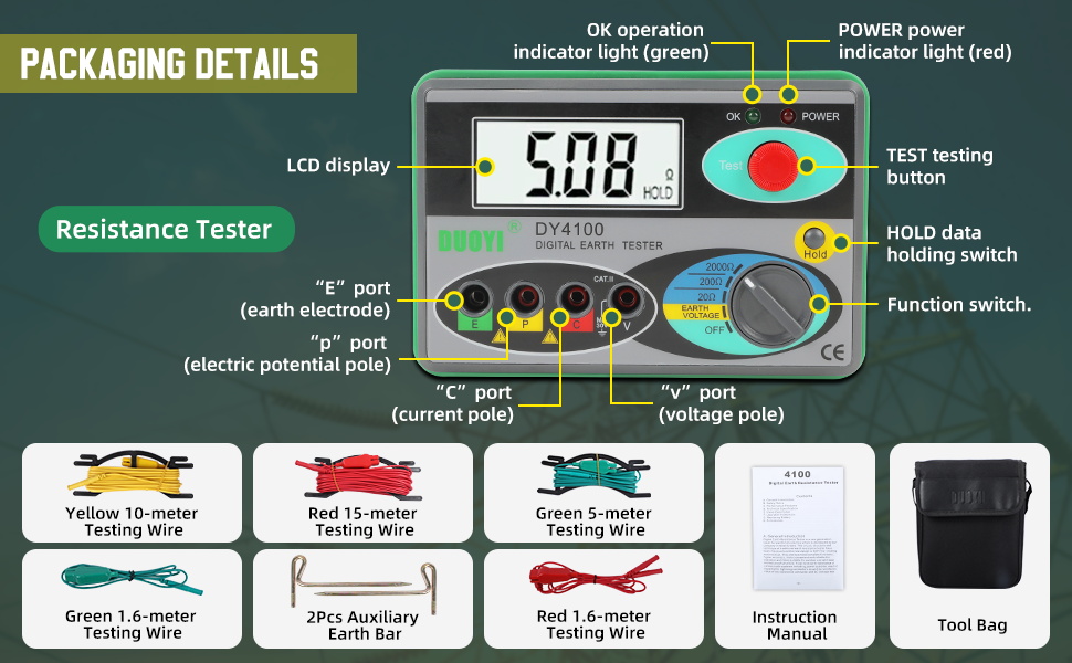 Digital Earth Ground Resistance Tester 0-2000Ω 30V AC Voltage Meter 3 ...