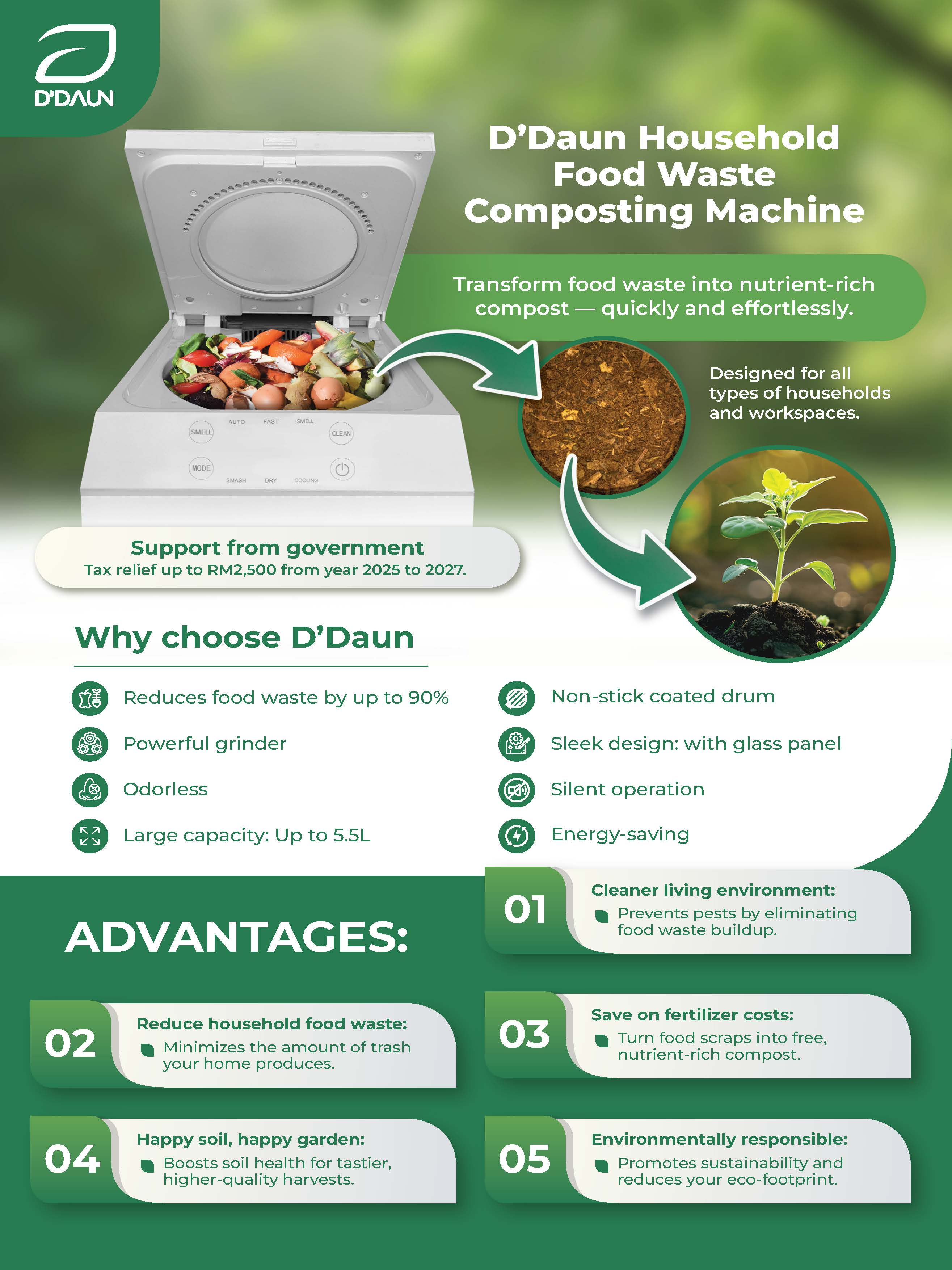 D'Daun 5.5L / 3.8L Household Food Waste Composting Machine Auto Fast ...