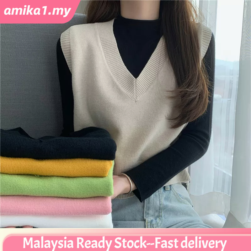 【Malaysia Ready Stock】Women Knit Vest Knitted Vest Sleeveless Knitwear Soft Comfy Vest Sweater