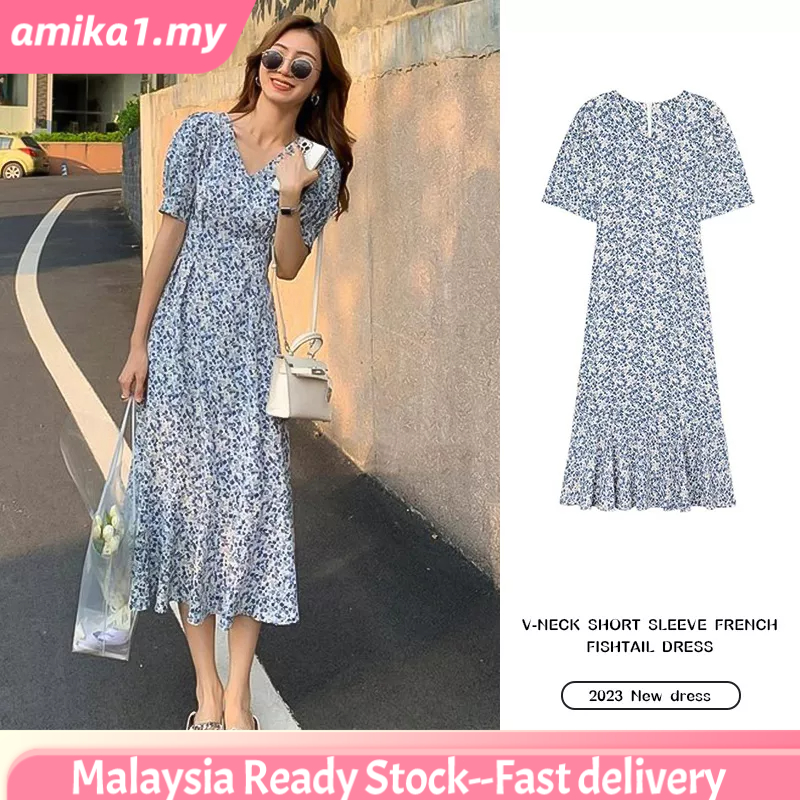 MY STOCK & Amika1 Korean Fashion Long Dress Blue Fishtail Floral Dress ...