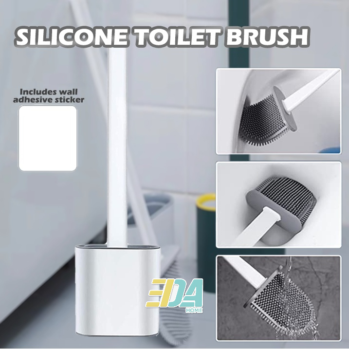 Bathroom Silicone Toilet Brush with NoSlip Long Plastic Handle and