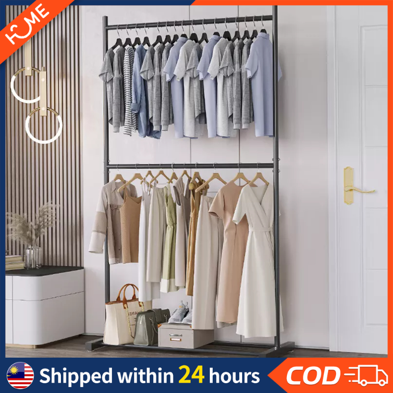 Double Layer Hanging Organizer Rack Cloth Clothes Rack Hanger Baju ...