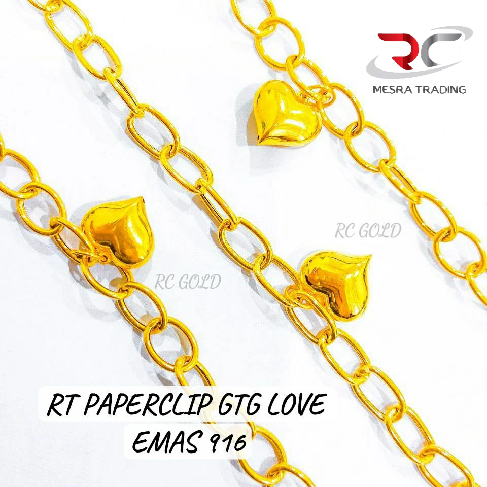 RANTAI TANGAN PAPERCLIP 1 LOVE EMAS TULEN 916 GELANG PAPER CLIP GTG ...