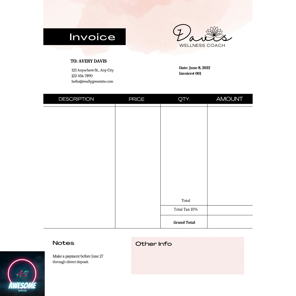 Elegant Professional Wellness Coaching Invoice [ Template Editable