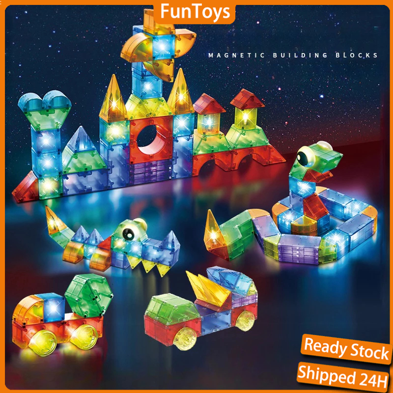 【24H】64Pcs Lights Magnetic Building Blocks Tiles Kids DIY 3D Geometry ...
