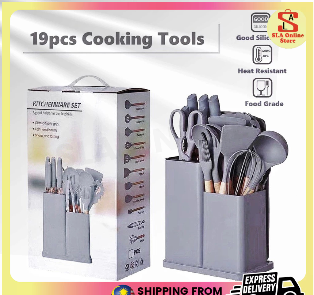 【READY STOCK 】19pcs Silicone Cooking Utensil Set with Holder Knife Set