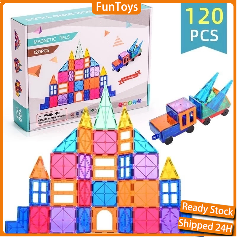 【24H】120pcs Magnetic Tiles Building Blocks Toys Colourful STEM 3D ...