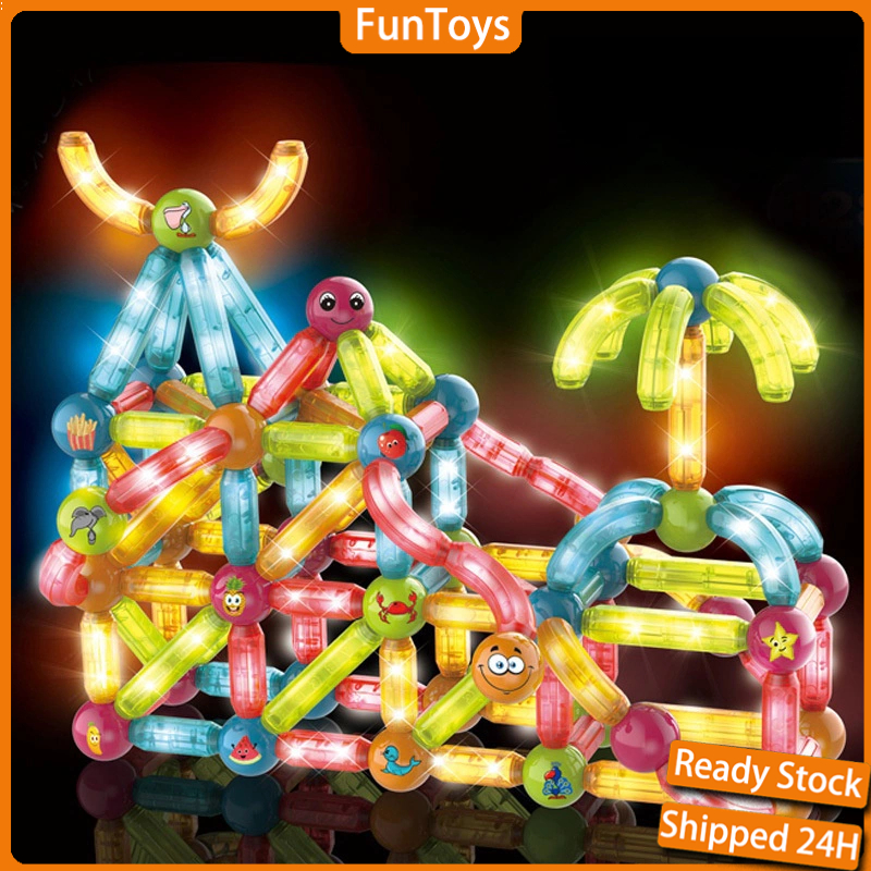 【24H】76Pcs LED Light Magnetic Sticks Balls Building Blocks Kids Toy 3D ...