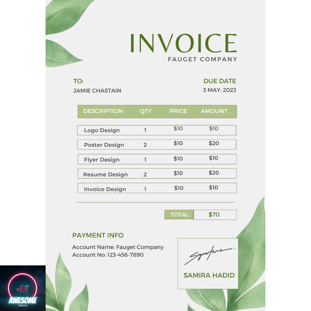 White and Green Floral Company Invoice [ Template | Editable ...