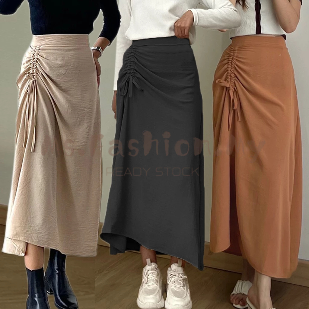 🌸ready Stock🌸korean Style Women Drawstring Plain High Waist Long Skirt Casual Fashion Crinkle 3454