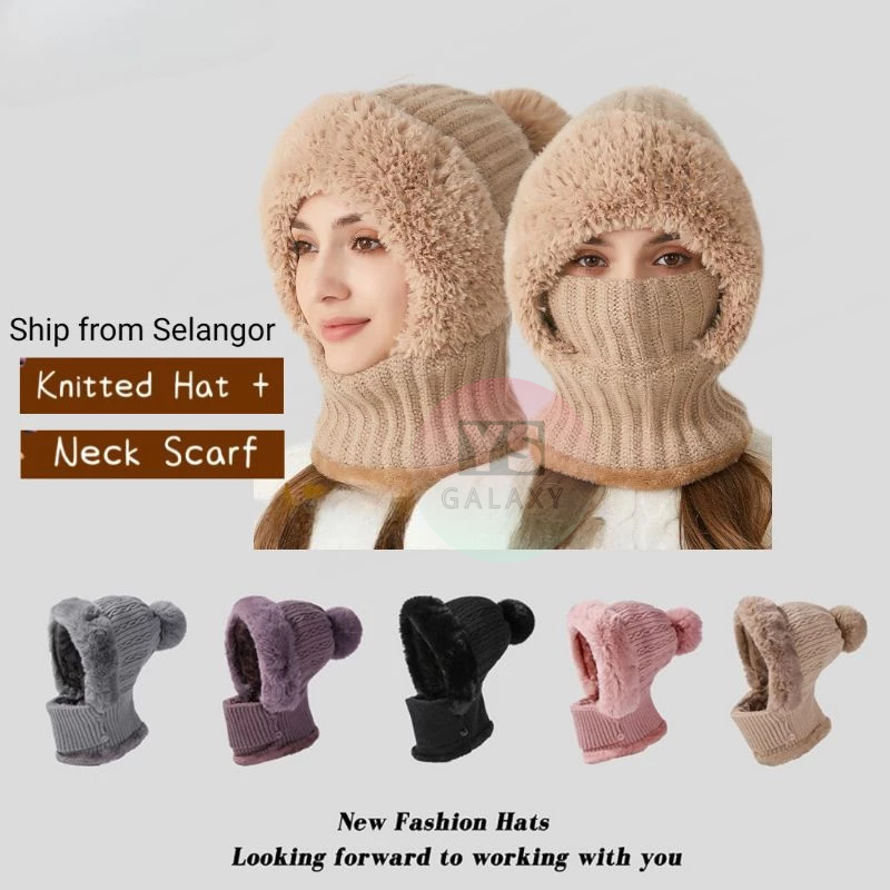 Winter New Twist Striped Knitted Hat Scarf One Piece Plus Velvet Set