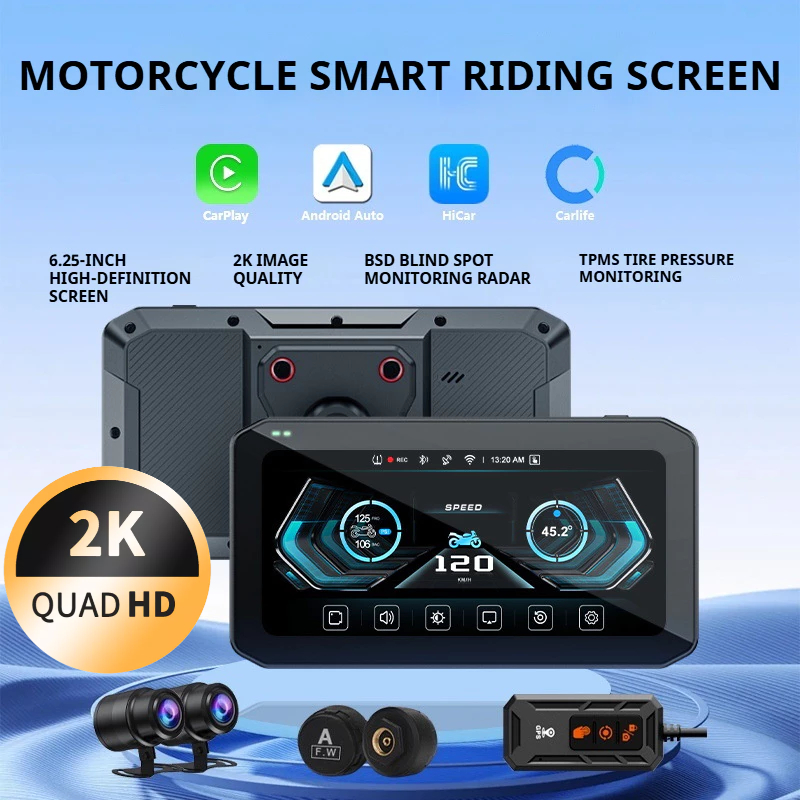 AIO Motorcycle Smart Screen 2K Dual Camera Dashcam Blind Spot Radar ...