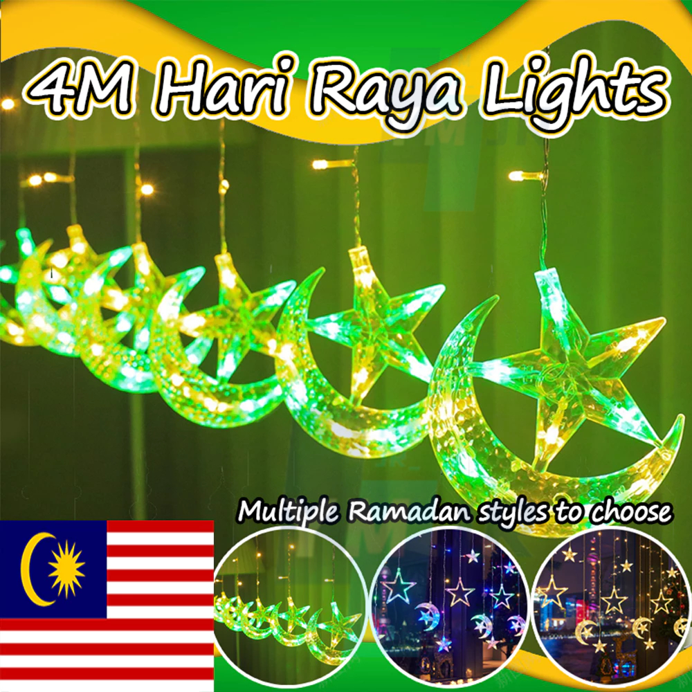 🌙Eid Hari Raya Decoration 5M Led Star&Moon Lights Lampu Raya Green&Warm ...
