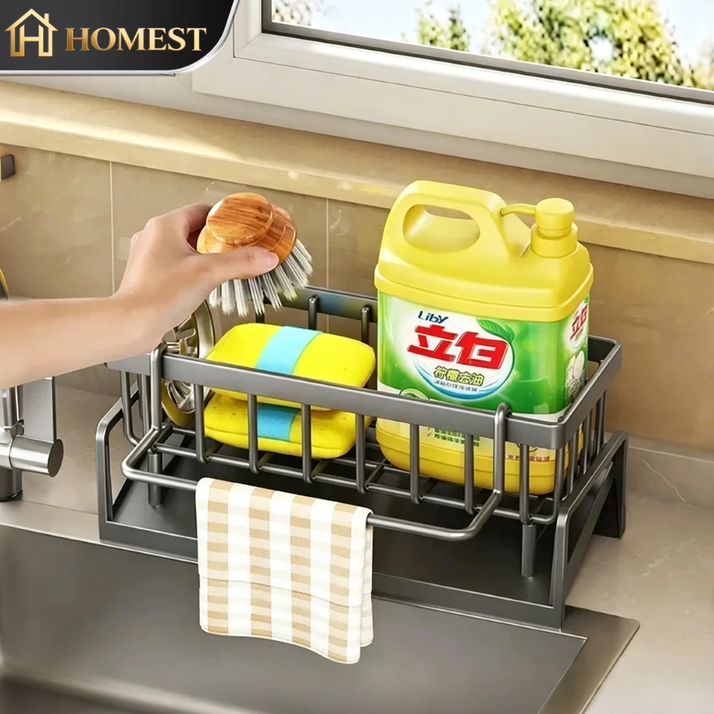 HM Aluminum Sink Drainer Rack Kitchen Sink Side Sponge Stand Dishcloth ...