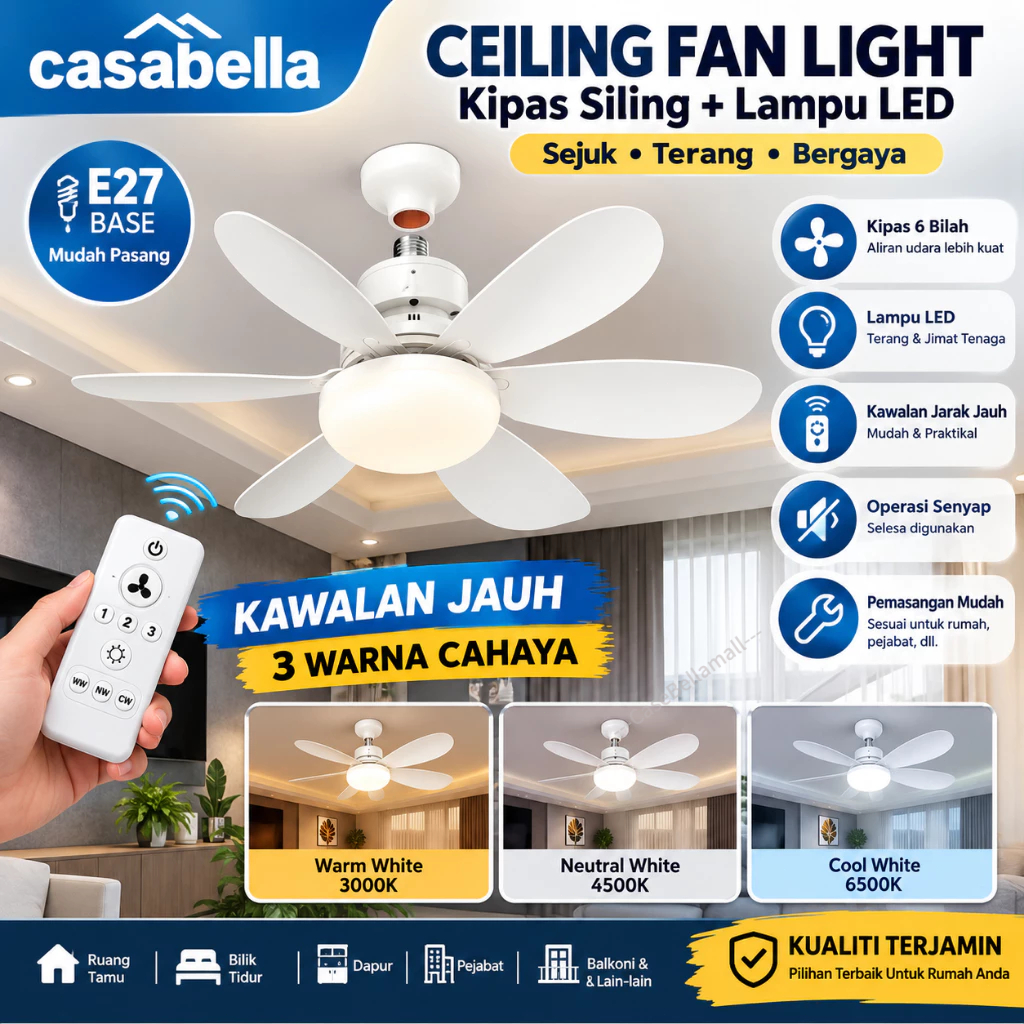 Ready Stock COD Kipas Fan Light LED E27 6 Blades Ceiling Fan Silent ...