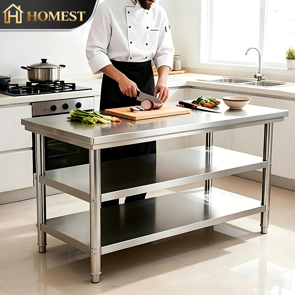 HM SUS 304 Kitchen Working Table 2/3 Layers Operating Table Loading ...