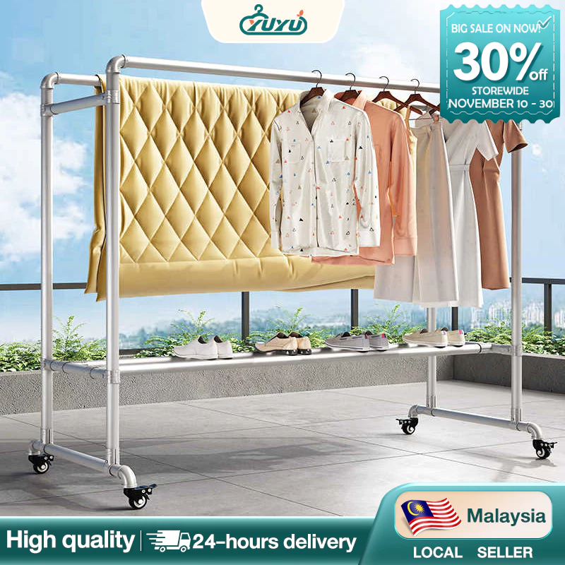 Iron Pipe Drying Rack Clothes Hanger Wheeled Double Pole Clothes drying ...