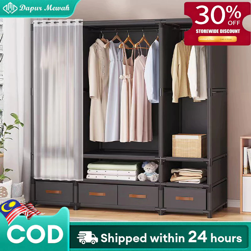 Bedroom Organizer Hanger Wardrobe With door curtain / Almari Kain laci ...