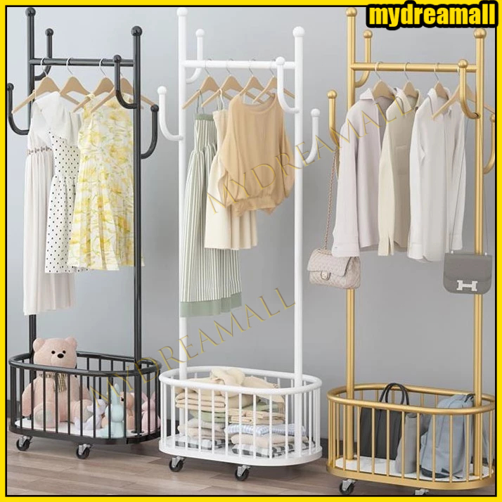 [Ready] Standing Clothing Storage Movable Rack / Wheels Clothing Rack ...