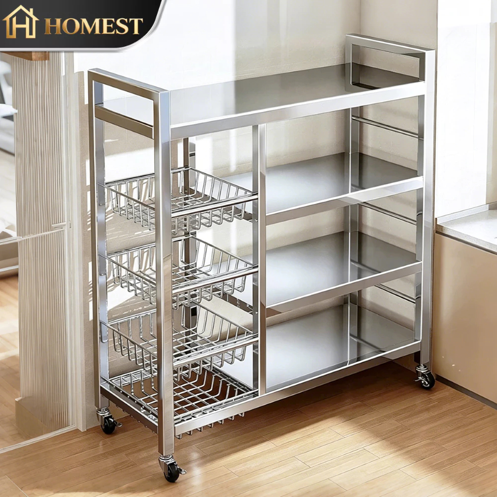 HM 304 SUS Multipurpose Kitchen Storage Rack Trolley Rack with Wheels ...