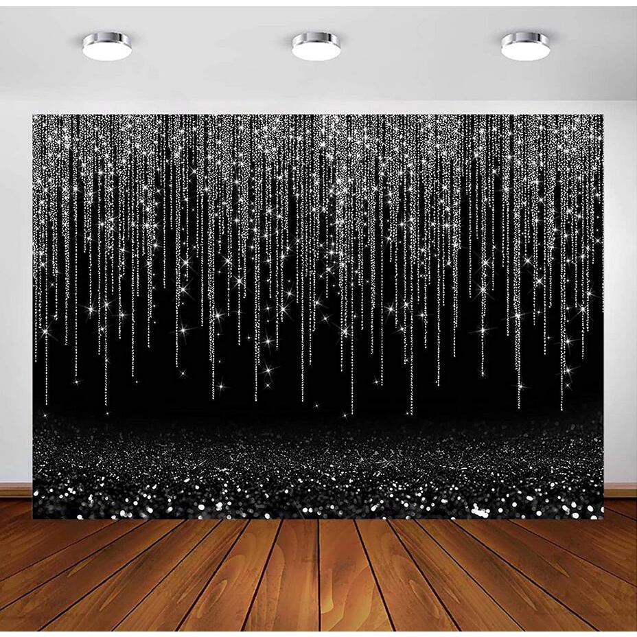Black and Silver Glitter Sparkle Backdrop for Adult Kids Party