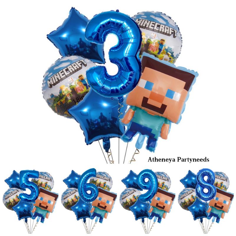 6in1 Pixel Game theme party balloons/Minecraft Set with Big Blue Number ...
