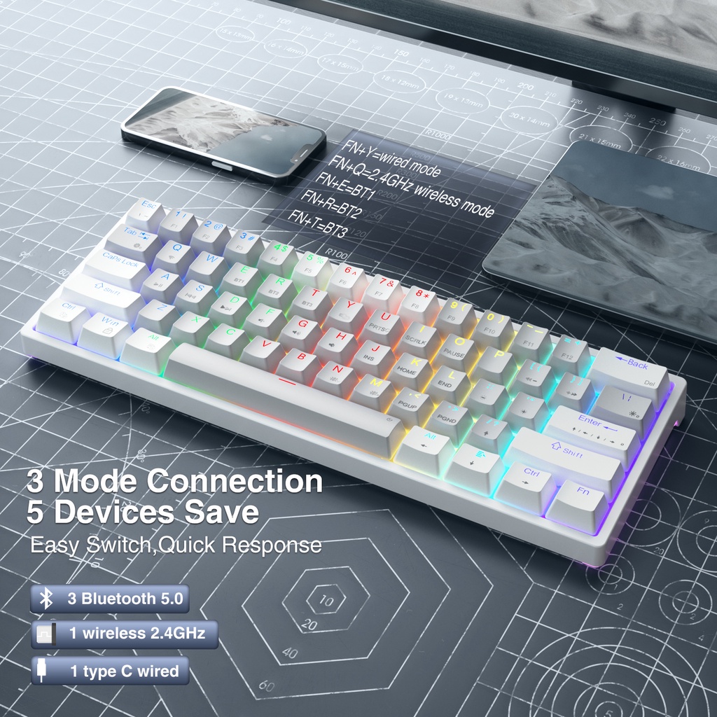 SOLAKAKA SK961 61 Keys Bluetooth 5.0&Wired Three Mode Mechanical ...