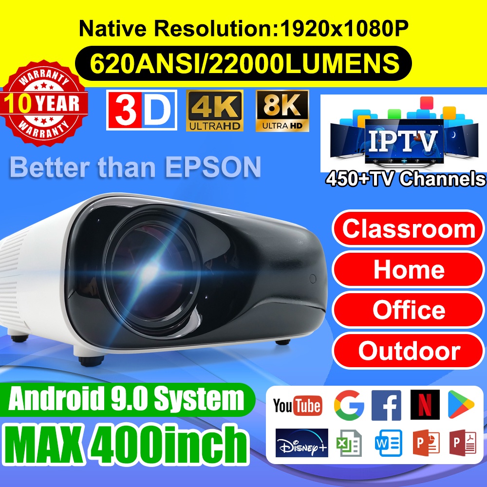 Smart LCD Projector for Classroom Android Full HD 1920x1080P 4K WiFi LED Teaching Cinema 3D