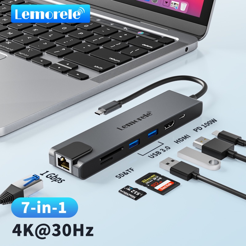 Lemorele TC25 USB C Hub 7-in-1 Adapter multi-port adapter RJ45 100W PD ...